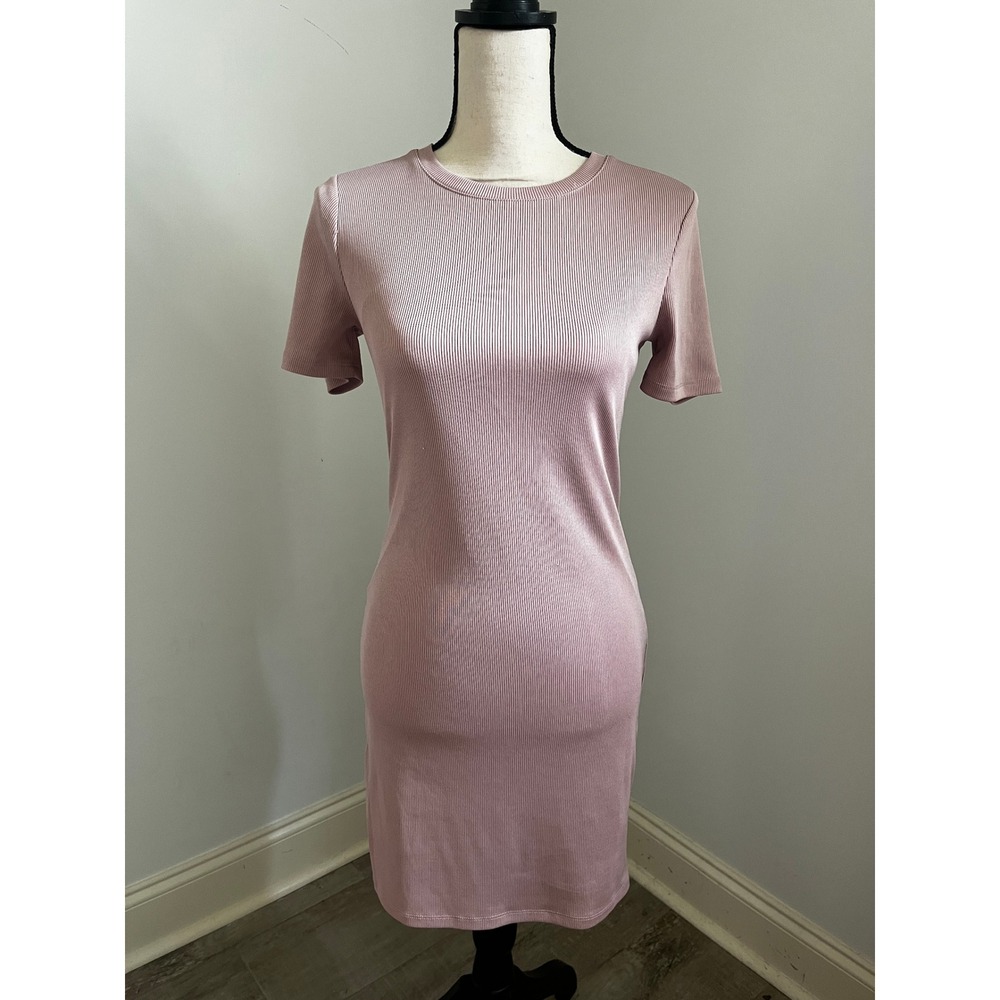 Mauve Pink Short Sleeve Mini Dress Medium Ribbed Balletcore Office Chic Pastel